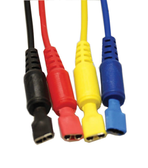 Colorful banana plug leads from 54 Piece Automotive Connector Test Kit With Beefed-Up Silver Finish And Rugged Case 12.5 Inch By 9.5 Inch By 1.75 Inch Covers 14 Terminal Sizes Flat And Round Includes Stacking Banana Plug Leads DMMs And Oscilloscopes