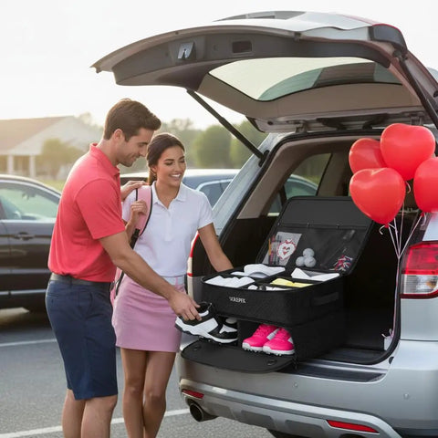 Two Layer Golf Trunk Organizer With Ventilated Shoe Compartment For Two Pairs Shoes Waterproof Car Trunk Locker In Open Car Trunk