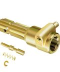 Heavy Duty PTO Extension Adapter For Tractors, One And Three Eighths Inch Six Spline Female And Male, Push Pin Quick Yoke, 70 HP PTO Shaft Extension, Alloy Steel Build, 6.375 Inch Overall Length, 4.125 Inch Extendable, Easy Quick Connect gold PTO adapter with spring and pin