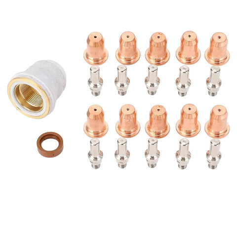 Top Notch Plasma Cutting Nozzles And Electrode Consumables Kit With 23 Pieces For Automotive Repair Jobs Made From Sturdy Brass And Zinc Alloy That Is Easy To Carry Around And Keeps Your Torch Working Like A Champ, showing 23 pieces including nozzles and electrodes.