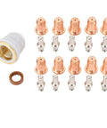 Ultimate 23 Piece Plasma Cutter Torch Consumables Kit With Sturdy Brass Cups Electrodes Nozzles And Bracket For PT-60 PT-40 Series Cutting Gear featuring copper nozzles and brass cup.