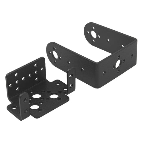 Two-piece servo mount bracket set for MG995/MG996 servos; black metal pan-tilt mount for RC cars/boats