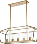 Five Light Modern Gold Finish Kitchen Island Pendant, Industrial Hanging Pendant Lighting With Metal Frame Linear Lantern.