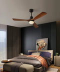 Sleek 52 Inch Black Ceiling Fan With Lights 3 Mahogany Wood Blades Remote Control in a modern bedroom setting