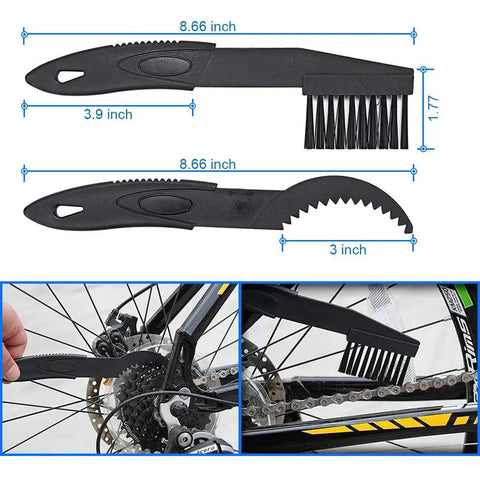 4 Piece Multipurpose Motorcycle And Bicycle Chain And Gear Cleaning Brush Kit With 3 Sided Bristles kit dimensions and bike use