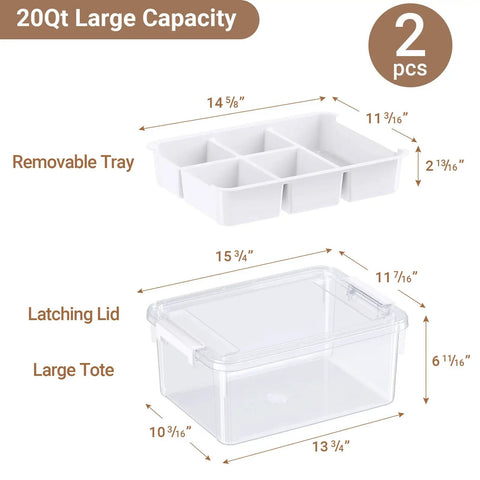 Stackable 40Qt Storage Bins With Lids And Trays, clear plastic latching boxes with dividers, showing measurements and removable tray, 2 pack