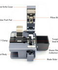 Pro Optical Fiber Cleaver Machine with Tungsten Steel Blade For Precision 90 Degree Cuts with labeled components and features.