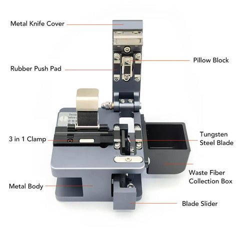 Pro Optical Fiber Cleaver Machine with Tungsten Steel Blade For Precision 90 Degree Cuts with labeled components and features.