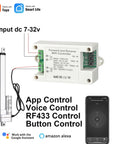 Smart Wireless Linear Actuator Controller with 10A relay, WiFi and RF remote, forward reverse switch, shown with smartphone app control.
