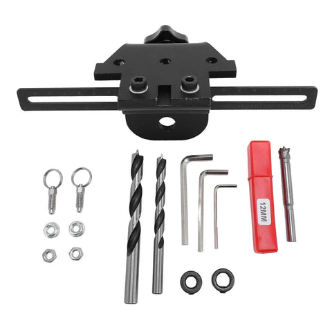 Heavy Duty 3 In 1 Dowel Jig Kit With High Carbon Steel Adjustable Woodworking Drill Guide and 12mm bits displayed with tools.