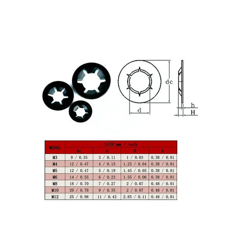 Lock Washers Set M3 M4 M5 M6 M8 M10 M12 Push On Locking Washers With Star Teeth For Vibration Resistant Fastening diagram