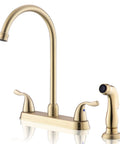 Gold Kitchen Faucet With Side Sprayer And High Pressure Sprayer 8 Inch High Arc 360 Degree Rotating Spout Centerset RV Sink Faucet For 3 Or 4 Hole Mounts Includes Separate Water Hose, shown with 8 inch center set design