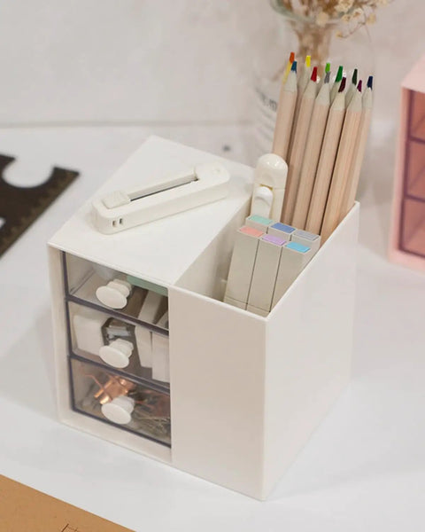Super Handy Desk Organizer With Drawers For Home And Office holding pencils and clips, shown in white with sturdy structure.