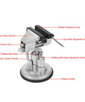 Detailed view of Rock Solid Universal Table Vise Clamp With Zero Wobble Rotating Base showcasing aluminum alloy frame and rubber suction cup.