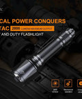 Beefy 2800 Lumen Tactical Flashlight, Rechargeable, resting on tactical gear, showcasing dual switches and rugged design.