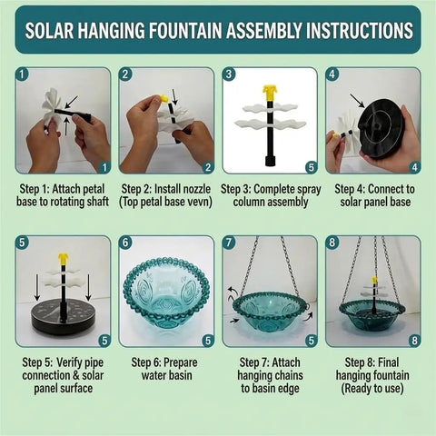 Assembly instructions for 3 Tier Solar Powered Hanging Bird Bath Fountain With Blue Bowl For Hummingbirds, Outdoor Garden Patio Yard Decor That Delivers Chill Water Cascade, No Wires, No Batteries.