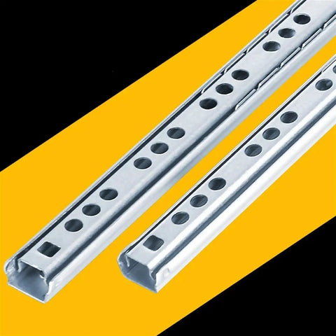 Solid Side Mount Ball Bearing Drawer Slides Two Pack Heavy Gauge Steel Cabinet Runners, 11 inch, showing steel rails with holes.