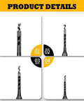 Knockout Square Hole Drill Bit Set Covers Quarter To Five Eighth Inch Markings Plus Rugged Chuck Adapter for hardwood carpentry, top view details.