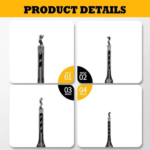 Knockout Square Hole Drill Bit Set Covers Quarter To Five Eighth Inch Markings Plus Rugged Chuck Adapter for hardwood carpentry, top view details.