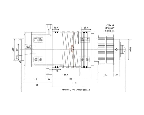 Technical diagram of 3KW Water Cooled BT30 Spindle Workhorse For CNC Milling Machine 10000 RPM High Speed Live Spindle With Axial Preload Bearings