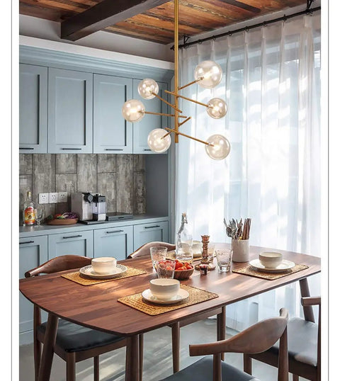 Stunning Six Head Kitchen Pendant Lights Matte Glass Table Chandelier For Dining Room Lighting Easy Install over a wooden table.