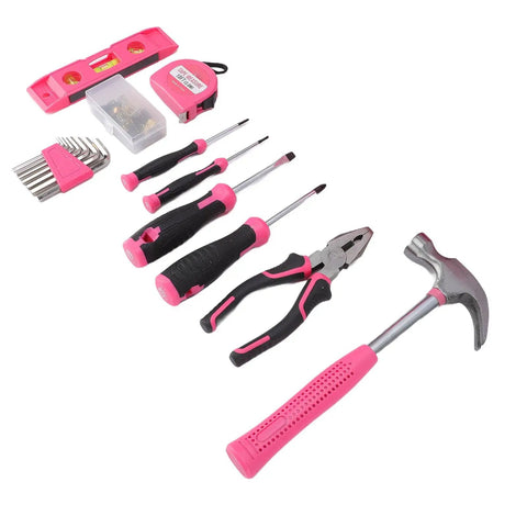 Pink Tool Kit For Women 18 Piece Complete Hand Tool Set With Hammer Wrench Measuring Tape And Screwdrivers For Home Repair DIY Projects Perfect For Quick Fixes And Fun Creative Projects displayed