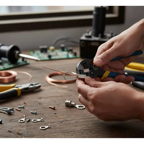 Installing High Temp Ring Terminals 12 To 10 Wire Size Number 10 Stud Nickel Plated Steel connectors on a wire
