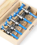 Five Piece Carbide Tipped Forstner Drill Bit Set With Hex Shank And Adjustable Sizing For Sweet Woodworking in wooden case.