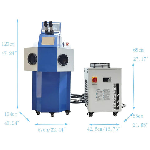Jewelry Spot Welder 220V 200W Welding Machine With 2400W Chiller and touch screen control, dimensions visible