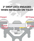 Diagram showing 2° drop lock engaged on 1 Inch By 1 Inch T Slotted Aluminum Extrusion 10 Series 6063 T6 Black Anodized 24 Inch Long.