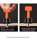 Tile Leveling System Kit 1/16 Inch Reusable showing before and after tile adjustment with levelers for DIY and Professionals.