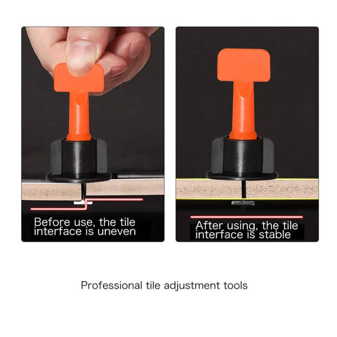 Tile Leveling System Kit 1/16 Inch Reusable showing before and after tile adjustment with levelers for DIY and Professionals.