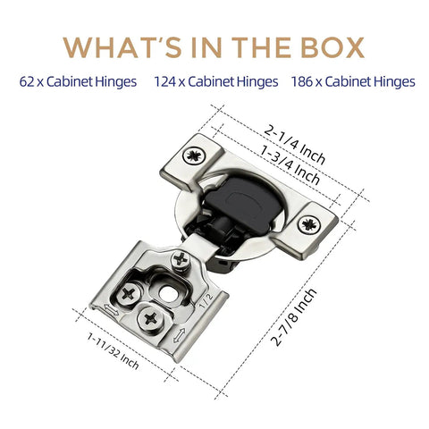 62 Pack 31 Pairs One Half Inch Overlay Soft Close Cabinet Hinges For Kitchen Cabinets Satin Nickel Concealed Stainless Steel features.