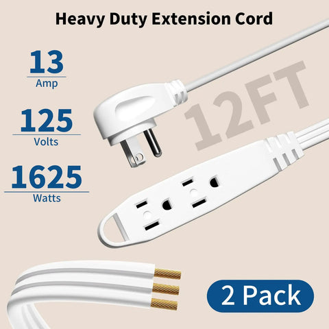 12 Foot Flat Plug Extension Cord With 3 Outlets And Grounded 3 Prong Plug UL Listed 16 3 SPT3 1625W Indoor Power Strip