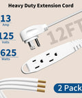12 Foot Triple Outlet Extension Cord 2 Pack Grounded Three Wire Power Cord 13 Amp 125V 1625 Watts UL Listed White Heavy Duty