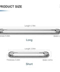 Dimensions of clear silicone furniture bumpers stick on wall protectors, long 5.79x0.67x0.24 in, short 3.54x0.67x0.24 in