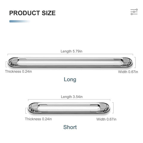 Dimensions of clear silicone furniture bumpers stick on wall protectors, long 5.79x0.67x0.24 in, short 3.54x0.67x0.24 in