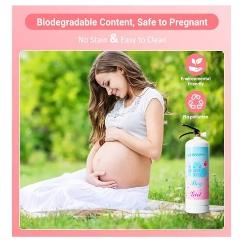 Gender Reveal Powder Blue Cylinder Cannon Squeeze Handle Flips Out With Bright Corn Silk Confetti For Your Next Bash To Absolutely Rock The Room And Go Down As A Legend Among Friends alongside a pregnant woman outdoors.