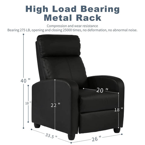 Massage Recliner Chair With Footrest In PU Leather Plush Padded Wide Seat Wingback Sofa For Living Room And Home Theater Comfy Cloud Like Comfort Easy To Recline Black with dimensions and high load bearing metal rack.