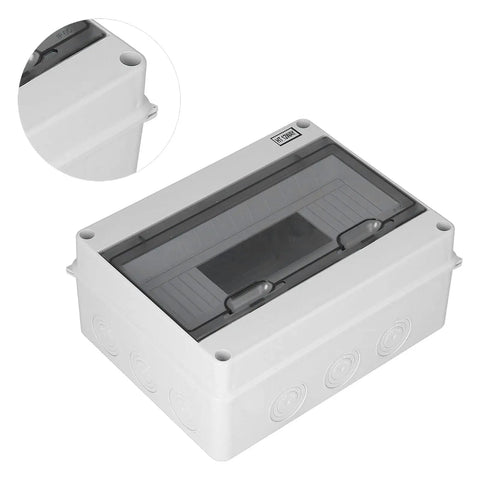 IP65 Waterproof Distribution Box with Transparent ABS Cover, rugged enclosure for industrial use, close-up of material and entry points.