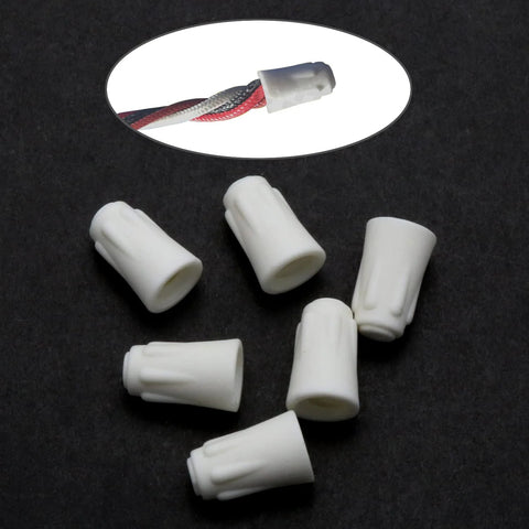 Six white ceramic twist-cap wire connectors for 22-10 AWG wires, high-heat, easy-twist.