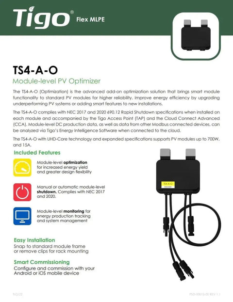 Image showing the TS4-A-O Module Add-On For Rapid Shutdown And Optimization, 1500V UL TUV Listed, 1.2M Cable, MC4 Connectors.