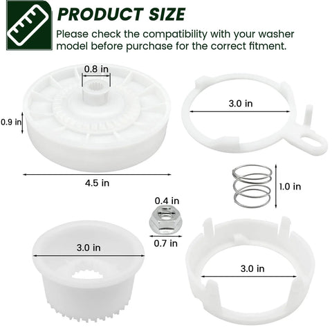 White plastic washer pulley clutch kit components with a metal spring and nut; shows 4.5 in diameter and 3.0 in pulley size.