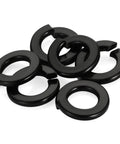 Three Eighths Inch Split Lock Washers Set Of 50, 304 Stainless Steel Spring Lock Washers With Black Oxide Finish, shown in a pile