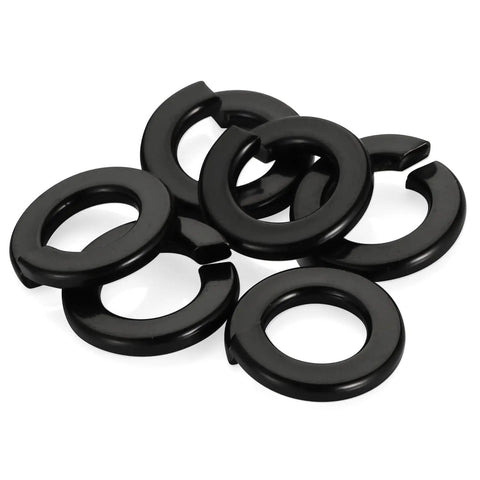 Three Eighths Inch Split Lock Washers Set Of 50, 304 Stainless Steel Spring Lock Washers With Black Oxide Finish, shown in a pile