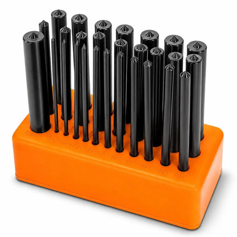 Center Transfer Punch Set Kit With Index Stand, 28-Piece, Three Thirty-Second Inch To Half Inch Range in orange holder