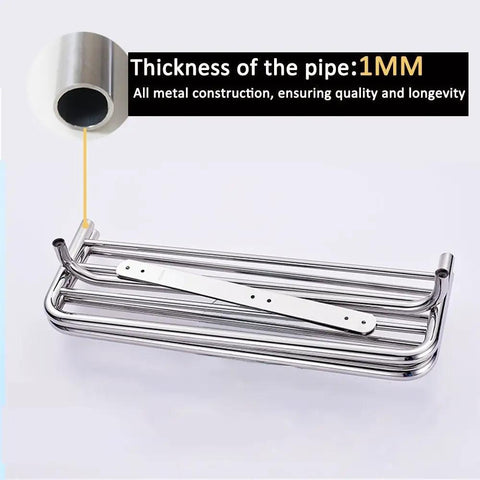 Three Tier Wall Mount Bathroom Shelf With Towel Bars Heavy Duty Stainless Steel Rack Rust Proof Chrome Finish pipe thickness detail