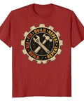 Mechanical Engineer T Shirt With Vintage Gear Badge Design For Garage Makers, Workshop Tinkerers And Hands On Problem Solving Guys Who Love Fix Build Repeat Project Days And Classic Geek Style Clothing Fits All Grown Up Pros, red cotton tee with wrench and hammer design.