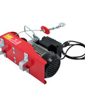 Timunr PA400 electric hoist with 880 lb capacity, red housing, wired remote control and power cord.