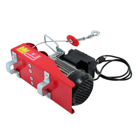 Timunr PA400 electric hoist with 880 lb capacity, red housing, wired remote control and power cord.